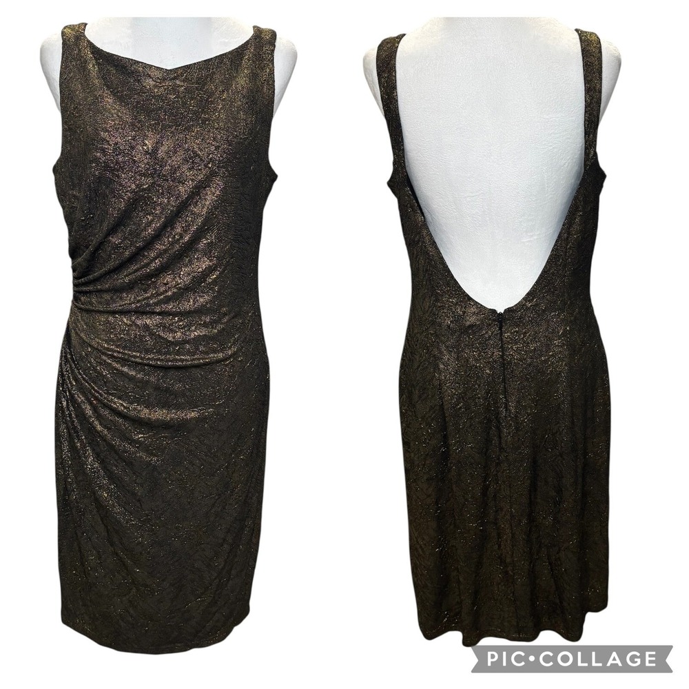 David Meister Bronze Gold Metallic Ruched Backless Textured Cocktail Dress 12‎ - Picture 2 of 10